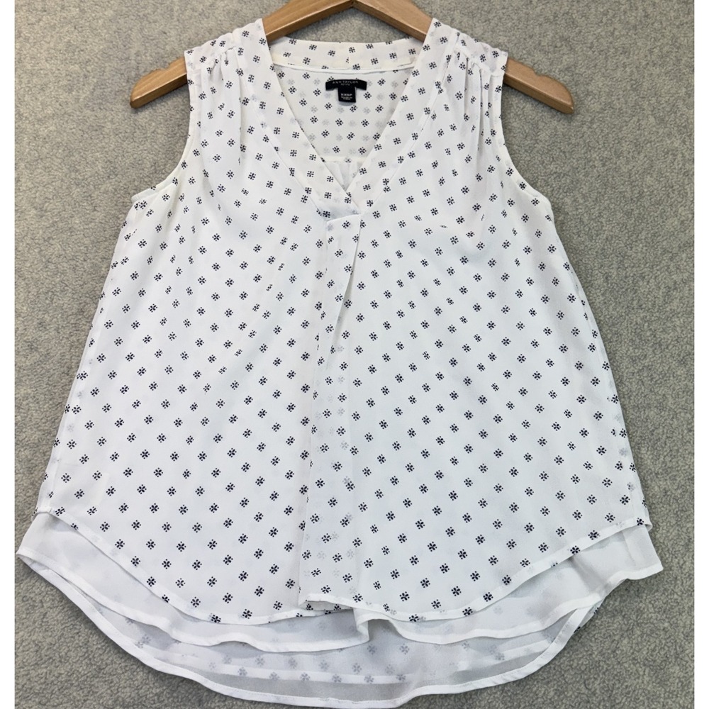 Ann Taylor Womens Blouse Top White Dotted Floral Pleated V-Neck Sleeveless P2XS